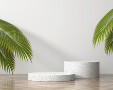 Abstract White Marble Platform Podium Showcase For Product Display With Palm Leaves 3d Render