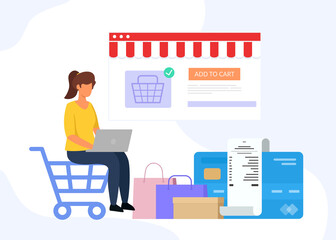 Wall Mural - Vector illustration of Online Shopping. Woman shop at an online store sitting on shopping cart. Vector illustration. Modern flat design concept.