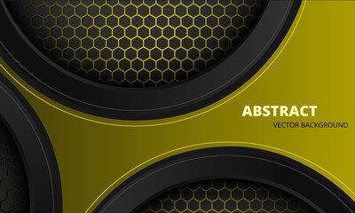 Wall Mural - Black and yellow abstract futuristic metallic sports vector background with hexagon carbon fiber. Dark background with honeycomb grid and abstract 3d shape. Futuristic modern sporty gaming banner.