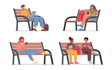 set of characters sitting on bench with gadgets. young men and women communicating online in interne