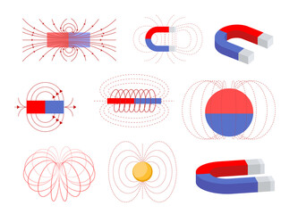 set of electromagnetic field and magnetic force. polar magnet schemes. educational magnetism physics