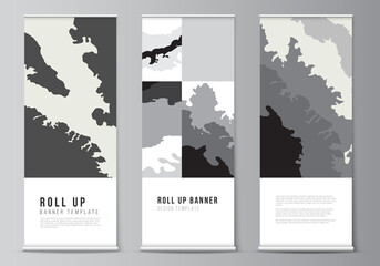 Wall Mural - Vector layout of roll up mockup design template for vertical flyers, flags design templates, banner stands, advertising design mockups. Landscape background decoration, halftone pattern grunge texture