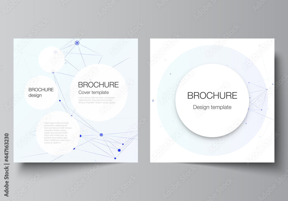 Vector layout of two square format covers templates for brochure, flyer, magazine, cover design, book design, brochure cover. Blue medical background with connecting lines and dots, plexus. - obrazy, fototapety, plakaty 