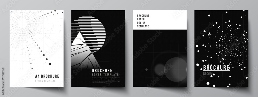 Vector layout of A4 cover design templates for brochure, flyer layout, booklet, cover design, book design. Black color technology background. Digital visualization of science, medicine, tech concept. - obrazy, fototapety, plakaty 