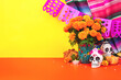 canvas print picture - Day of the dead, Dia De Los Muertos Celebration Background With sugar Skull, calaverita, marigolds or cempasuchil flowers, bread of death or Pan de Muerto with Copy Space. Traditional Mexican culture 