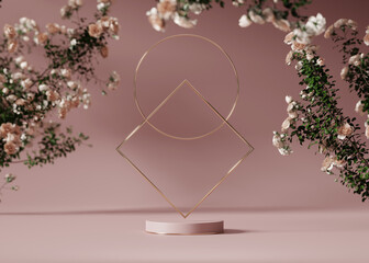 3D background pink podium display. Nature rose flower blossom. Feminine summer and spring pastel pedestal showcase round frame for beauty product, cosmetic promotion. Abstract garden mockup 3D render