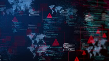 Animation of computer windows folder source code and text alert sign warning monitor screen. Network virus infected system had been hacked. Cyber Crime, Computer Hacking Animation.