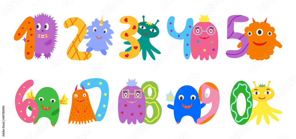 Numbers and funny cute monsters one two three four five six seven eight ...