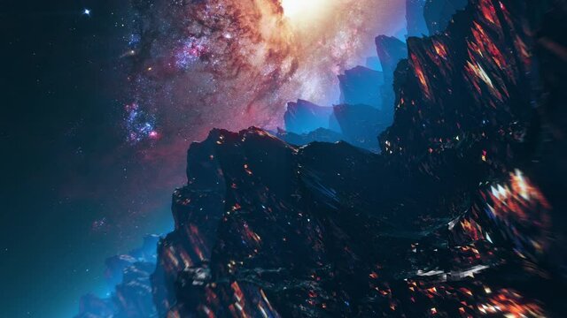 Wall Mural - Futuristic mountain landscape flight seamless loop. Stylized VJ looping 3D animation with space and high speed flythrough. Outrun style videogame intro or background for EDM music live show or concert