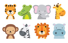 Cute Wild Safari Jungle Animals Including A Tiger, Crocodile, Alligator, Elephant, Giraffe, Monkey, Zebra, Lion, And Hippo. Vector Illustration Of Jungle Animal Faces And Heads.