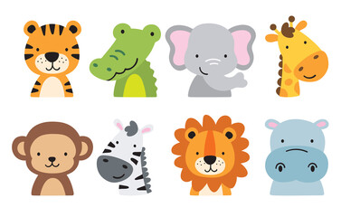 Poster - Cute wild safari jungle animals including a tiger, crocodile, alligator, elephant, giraffe, monkey, zebra, lion, and hippo. Vector illustration of jungle animal faces and heads.
