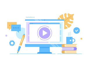 Wall Mural - watch video, online video. vector illustration. computer and website with video player on screen. vi