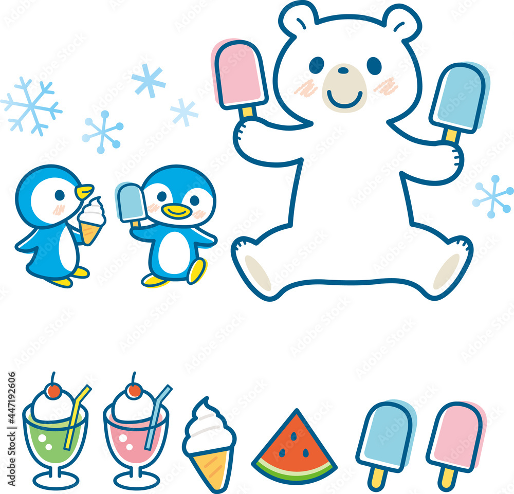 アイスを食べるシロクマとペンギンのイラスト＿ライン有りネイビー 素材庫向量圖 | Adobe Stock, image size:1000x961