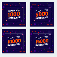 set of thank you followers colorful banner. Thank you followers Banners, 1000, 5000, 10000. 15000 followers, social midea banner