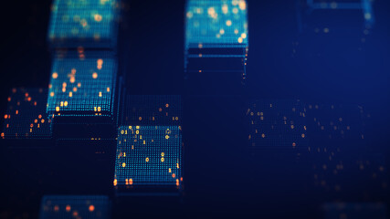  Block chain concept. Big data binary code futuristic information technology, data flow. Transferring of big data.  interconnected blocks of data depicting a cryptocurrency blockchain . 3D Rendering.