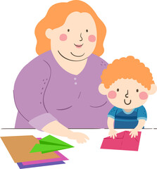 Poster - Boy Mother Teach Paper Plane Folding Illustration