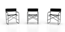 Directors Chairs 3d Render Of Three Aluminum Constructed Folding Directors Chairs With Black Seat Material And Black Back Rests With Stitch Lines Isolated On A White Background, Front View.