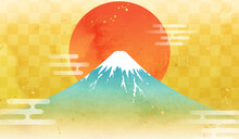 水彩の富士山と日の出のお正月のベクターイラスト背景(朝日,金,市松模様,テクスチャ,日本,年賀状素材,コピースペース)