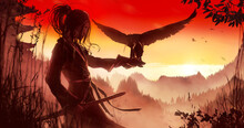 A Beautiful Young Japanese Samurai Girl Stands Peacefully Against The Background Of A Sunset With Mountains And A Temple In A Kimono, Holding One Hand On A Katana, In The Second She Has A Falcon.