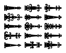 Decorative Vintage Arrow Hinges. Accents For Garage And Barn Doors, Gates, Trunks. Flat Icon Set. Vector Illustration. Signs Of Old Hardware. Isolated Objects