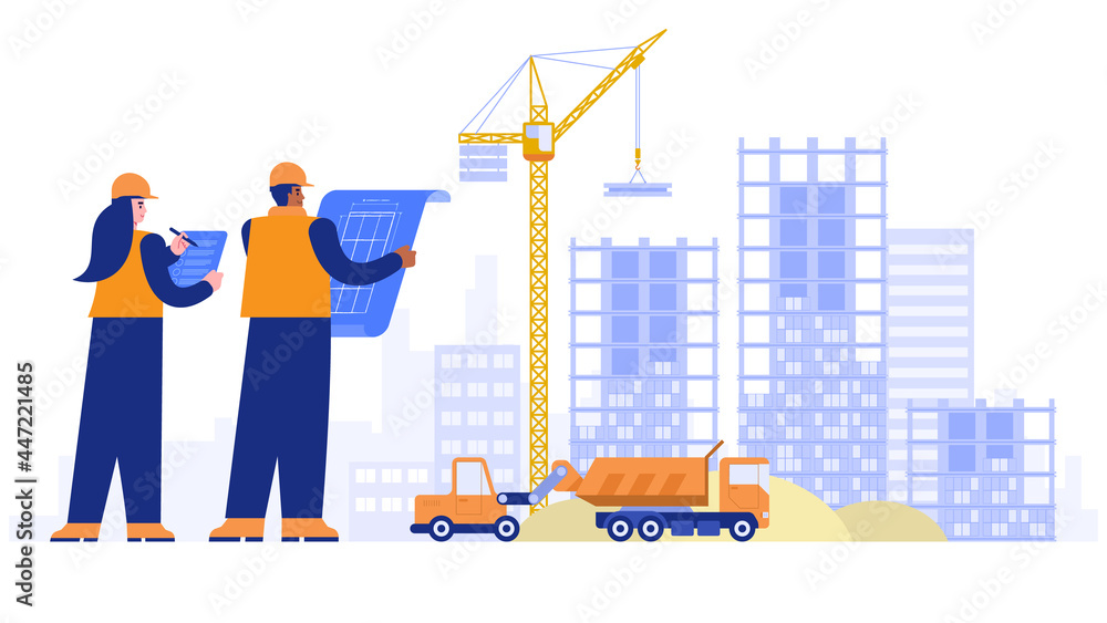 Construction site concept. Architect and engineer working with blueprint, making measurements, crane building house from plates, special machinery work. Vector illustration scene with characters - obrazy, fototapety, plakaty 
