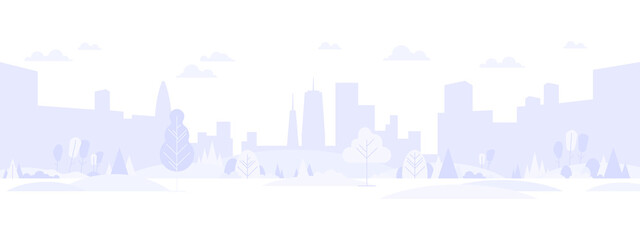 Light gray cityscape background. City buildings with trees at park view. Monochrome urban landscape with street. Modern architectural panorama in flat style. Vector illustration horizontal wallpaper