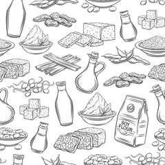 Wall Mural - Soy product outline seamless pattern. Background with drawn monochrome soy sprouts, tofu skin, coagulated soy milk, soybean, tempeh, miso, flour and ets.