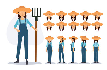 Wall Mural - Character of a Female Farmer in various views,Flat vector 2D Cartoon character illustration.