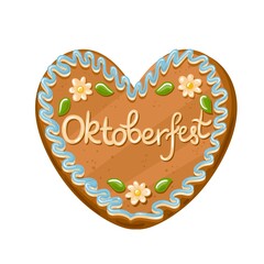 Gingerbread heart decorated icing with inscription Oktoberfest. Sweet symbol of beer festival Oktoberfest. Vector illustration in cartoon style.