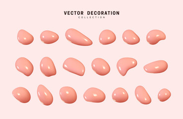 Wall Mural - liquid 3d shapes pink in color. set isolated liquid elements of beige shade. realistic cream paint s