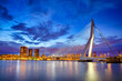 Netherlands Travel Concepts. Tranquil Night View of Renowned Erasmusbrug (Swan Bridge) in  Rotterdam in Front of Port with Harbour. Shoot Made At Dusk.