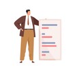 Happy businessman standing with abstract document. Office worker presenting report and strategy. Tiny man holding business paper with plan list. Flat vector illustration isolated on white background