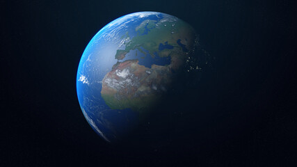 Wall Mural - Realistic planet Earth with clouds in space. Earth globe with day and night hemisphere on the background of the stars. View from space at Europe, Africa, Asia. 3D illustration
