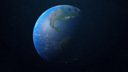 Wall Mural - Realistic planet Earth with clouds in space. Earth globe with day and night hemisphere on the background of the stars. View from space at America. 3D illustration