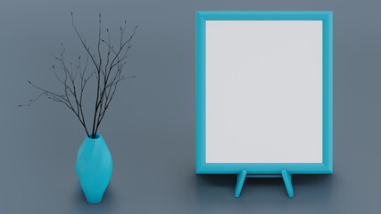 Poster - 3D rendering of a blank board with a vase of plants on the side on a blue background