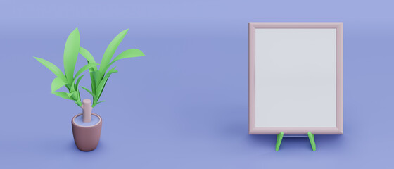 Poster - 3D rendering of a blank board with a vase of plants on the side on a purple background