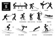 Sport games alphabet S vector icons pictogram. Showdown, shuffleboard, sikaran, singlestick, skateboarding, skeet shooting, ski archery, skeleton, ski cross, ski jumping flying, and mountaineering.