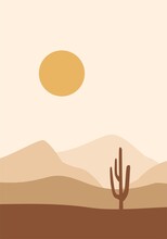Minimalist Landscape Of Desert And Cactus Illustration Vector Perfect For Wall Decor And Printing