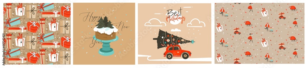 Hand drawn vector abstract stock graphic Merry Christmas and Happy New Year cartoon,illustrations prints collection set with red car,cake,present box and Christmas tree isolated on color background. - obrazy, fototapety, plakaty 