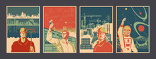 Retro Propaganda Posters Style Illustration Set, Men At Work, Industrial Backgrounds, Laboratory, Alien Planet