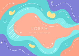 Modern background with fluid shape orange, purple, green, yellow pastel color and hand draw line on white background flat minimal design.