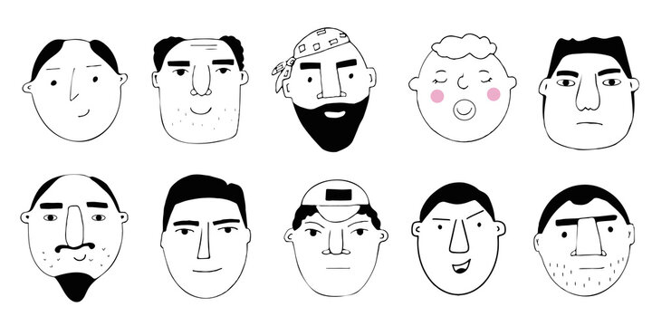 Vector set of portraits of people. Cartoon funny minimalistic men's characters of different ages. Drawings of male faces with different emotions and moods. Avatar for social networks