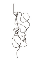 Couple In Line Style. Man Kissed Woman In Had. One Line Hand Drawing.