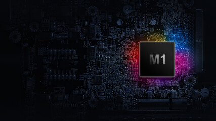 M1 processor chip. Network digital technology with computer cpu chip on dark motherboard background. Protect personal data and privacy from hacker cyberattack.