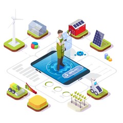 Smart organic farming vector isometric infographic. Farmer managing farm using mobile app. Iot, drones, ai technologies.