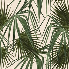 Canvas Print - Fashionable seamless tropical pattern with green tropical fan palm leaves on a beige background. Beautiful exotic plants. Trendy summer Hawaii print. 