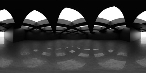 Wall Mural - 360 degree panorama view of empty concrete building interior room with open ceiling 3d render illustration vr hdr style