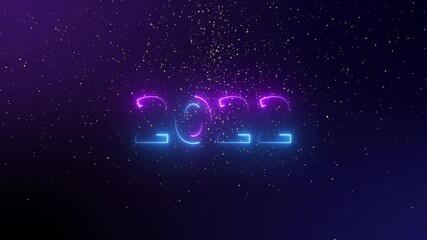Wall Mural - number 2022 neon light bright glowing. 2022 happy New Year dark background with decoration with neon number on Purple and blue 
Beautiful Gold Glitter Floating background. winter holiday template.
