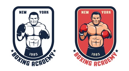 Boxing gym retro badge. Boxer in fighting stance - vintage boxing logo. Vector illustration.