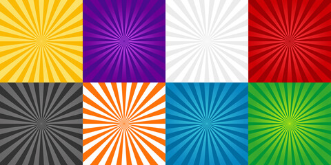 Wall Mural - sun burst background. comic ray of starburst. set of red, green, blue, orange and gray cartoon sunbu